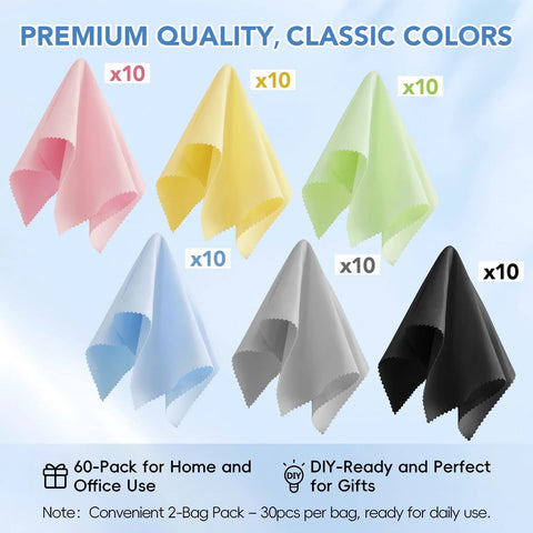 Zeefpod microfiber cleaning cloths, 6x7 in, 60-pack with assorted colors for glasses and screens.
