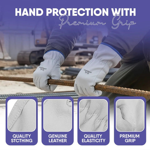 Large Heavy Duty Cowhide Leather Driver Work Gloves For Driving Trucking Construction And Outdoor Tasks With Reinforced Palm And Fingers For Superior Grip Protection In Farming Landscaping Gardening Ranching And DIY, white gloves gripping rebar