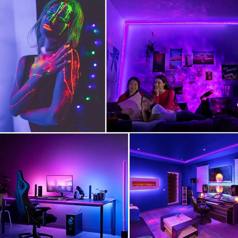 Collage of Upgraded 16.4Ft 5M LED Black Light Strip Kit lighting dance party, room decor, desk setup, and gaming room scene