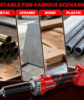 Cordless 1100W Brushless Braking Die Grinder With Three Level Variable Speed Up To 26000 RPM And One Quarter Inch Precision Chuck For Grinding Polishing And Drilling Compatible With 18V Batteries Battery Not Included displayed with metal, ceramic, wood, and plastic materials.