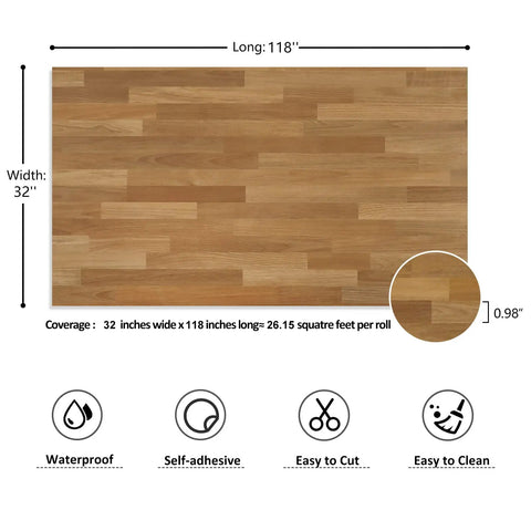 Butcher Block Contact Paper Waterproof Vinyl Wrap for Countertops and Cabinets 32 by 118 Inches with wood grain pattern and dimensions
