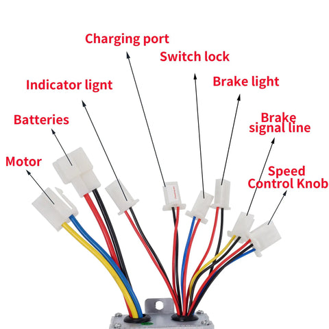 36V 500W Brushed Motor Controller connections for electric scooters EBikes; labeled wires for batteries, motor, switch, lights
