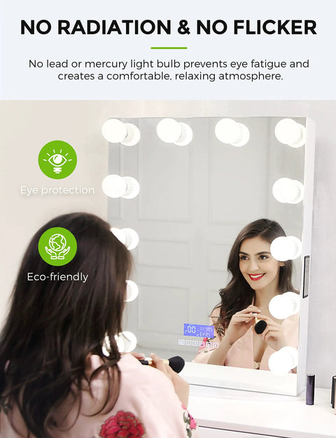 Woman using makeup mirror with Six Pack G25 LED Vanity Bulbs For Makeup Mirror Glam Up Your Vanity 500 Lumens 40 To 45W Equivalent E26 Edison Base Non Dim