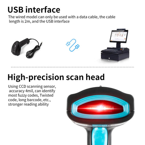 Plug And Play 1D Wired USB Barcode Scanner With CCD Reader for screen scanning, showing USB cable and scanner interface.