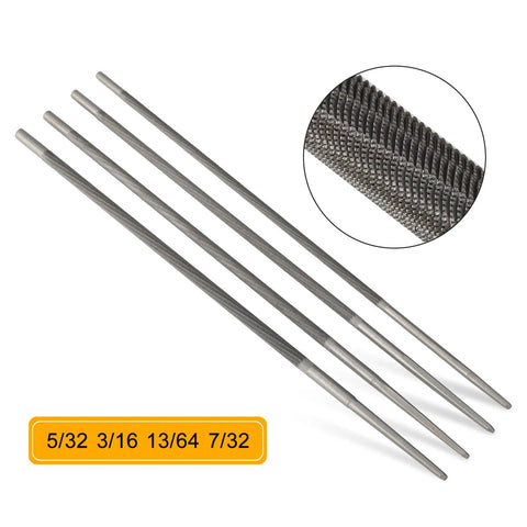 Eleven Piece Universal Chainsaw Sharpener Kit with four round file sizes, shown are files 5/32, 3/16, 13/64, 7/32 inch.