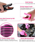 Visual details of pink jumper cables and anti skid gloves from Pink Car Emergency Kit For Women for safe roadside rescue.
