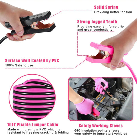 Visual details of pink jumper cables and anti skid gloves from Pink Car Emergency Kit For Women for safe roadside rescue.