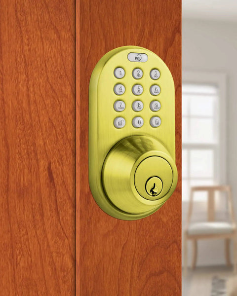 Keyless Entry Door Lock With Keypad And Auto Lock Triple Security System Hassle Free Installation For Exterior And Interior Doors Polished Brass Lets You Create Up To Six Codes For Family Or Guests on wood door
