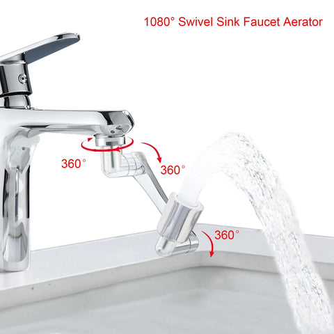 Heavy Duty Brass Faucet Extender With Dual Spray Modes And Slick 1080 Degree Swivel Action, showing 360-degree swivel aerator with water flow.