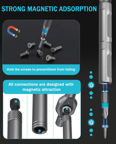 24 In 1 Magnetic Ratchet Screwdriver Set With Detachable T Handle Multi Bit Repair Kit showing magnetic feature with screws.