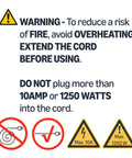 Safety warnings for 100 Foot 3 Prong Vinyl Indoor Outdoor Extension Cord With Grounded Plug ETL Certified Moisture Resistant Power Cable Pro Grade Flexible Vinyl 10 Amps 1250 Watts 125 VAC Orange.