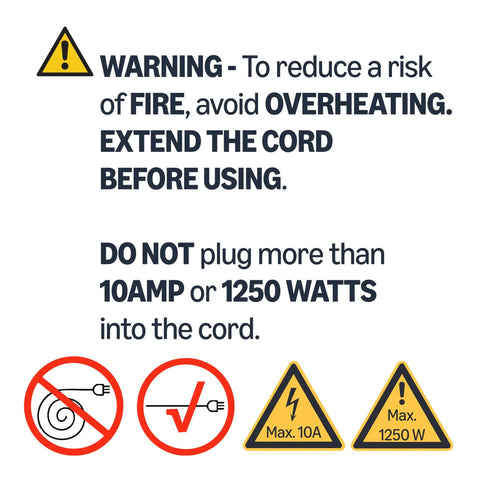 Safety warnings for 100 Foot 3 Prong Vinyl Indoor Outdoor Extension Cord With Grounded Plug ETL Certified Moisture Resistant Power Cable Pro Grade Flexible Vinyl 10 Amps 1250 Watts 125 VAC Orange.