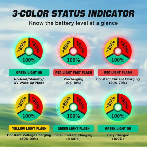 3-color status indicator showing battery levels and charging modes for Heavy Duty 12V 30A LiFePO4 Battery Charger.