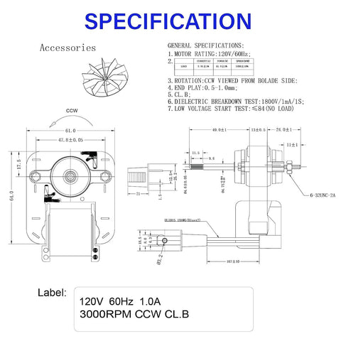 Technical diagram of Bathroom Vent Fan Motor Replacement Kit 120V 60Hz 1A 50 CFM 3000 RPM CCW For Nutone Broan models