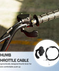 Professional Grade Hella Sturdy 46.5 Inch Motorcycle Thumb Throttle Cable With Slick Rubber Grip, close-up of thumb lever and cable.