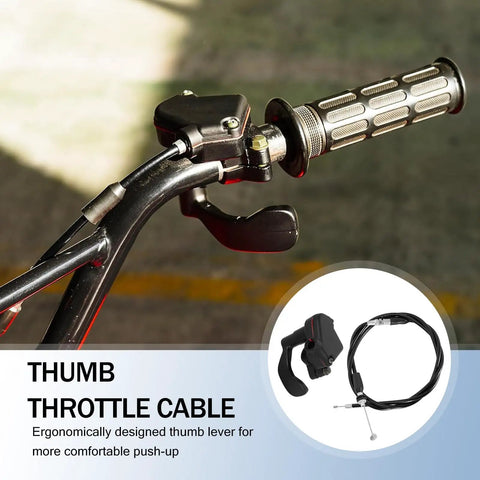 Professional Grade Hella Sturdy 46.5 Inch Motorcycle Thumb Throttle Cable With Slick Rubber Grip, close-up of thumb lever and cable.