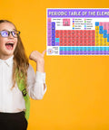 Child pointing at Periodic Table Of Elements Poster For Science Class Must Have Back To School Decor 11 By 17 Inch Laminated Chart.