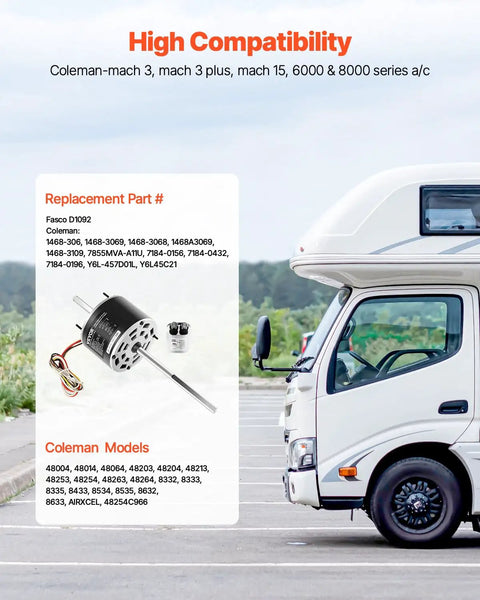 One Third HP RV Air Conditioner Fan Motor with Capacitor AC 115V 3A Dual Speed shown with compatible Coleman models.