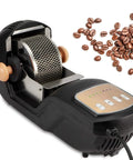 Fully automated electric coffee bean roaster with durable steel drum, 1600W motor, and coffee beans scattered.