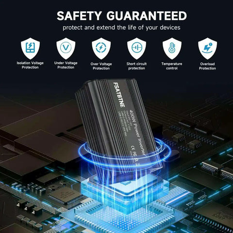 Beast Mode 400W Car Power Inverter Dc 12V To 110V Ac Adapter showcasing safety features on a digital circuit board.