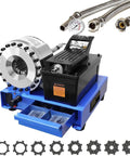 Heavy Duty Electric Hydraulic Hose Crimper With Eight Piece Full Die Set For Repairing 6-25 Mm Inner Diameter Fittings on a blue base.
