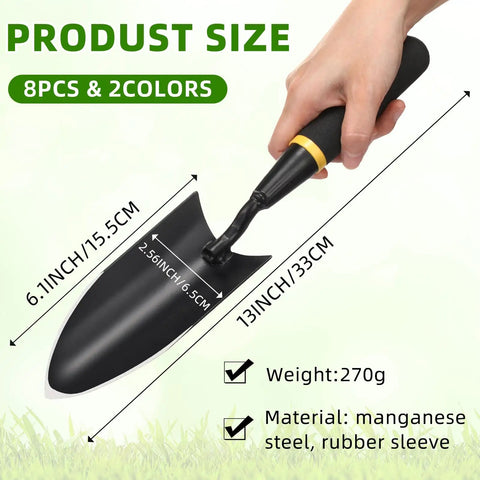 Hand holding garden trowel from 8 Piece Garden Hand Trowels Set With Pro Grade Heavy Duty Carbon Steel Shovels And Resin Rubberized Handles