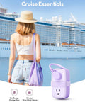 Woman holding purple bag with Purple Travel Power Strip With Four Outlets And Three USB Ports Including USB C against cruise ship backdrop.