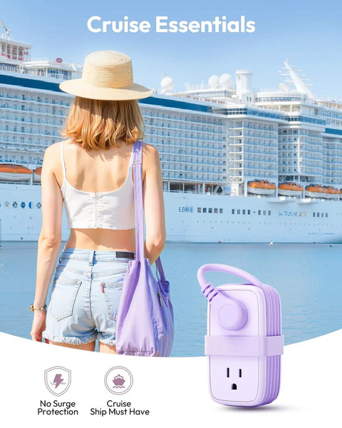 Woman holding purple bag with Purple Travel Power Strip With Four Outlets And Three USB Ports Including USB C against cruise ship backdrop.