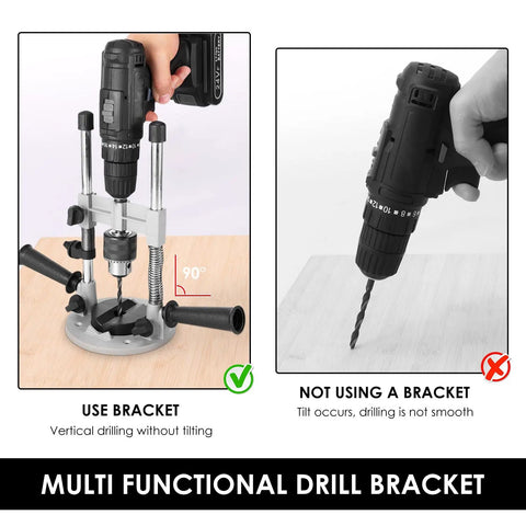Comparison of Portable Drill Guide Attachment For Straight Holes No Fuss Drill Press Stand with and without guide in use