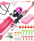 Kids Fishing Pole And Reel Combo Starter Set With Tackle Box And Carry Bag, Portable Telescopic Rod, Pre Spooled 8Lb Line, Pink 5ft set