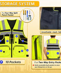 Top Shelf Hi Vis Safety Vest Equipped With Authentic 3M Reflective Strips For Road Crews And Night Shift Grinds Breathable Knitted Construction Garment Packing Ten Utility Pockets For Serious Work Ready Performance, showing ten pockets and mesh fabric.