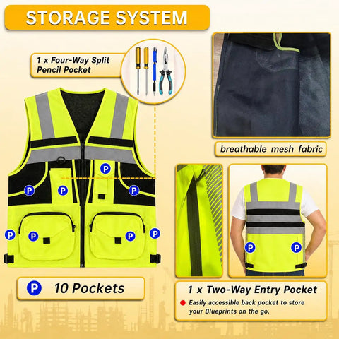 Top Shelf Hi Vis Safety Vest Equipped With Authentic 3M Reflective Strips For Road Crews And Night Shift Grinds Breathable Knitted Construction Garment Packing Ten Utility Pockets For Serious Work Ready Performance, showing ten pockets and mesh fabric.
