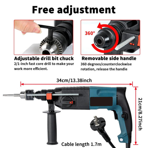 Three In One Electric Hammer Drill Kit with 2-in-1 chuck and adjustable handle for concrete, wood, metal work