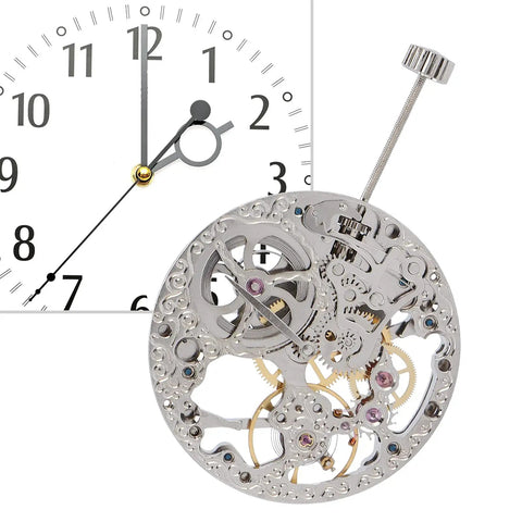Hollow Mechanical Watch Movement Replacement Part for Precision Timekeeping with Alloy Gear Train shown next to clock face