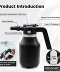 Vssoc 2L Cordless Electric Foam Sprayer For Car Wash showing spray foam button, foam nozzle and battery level display.