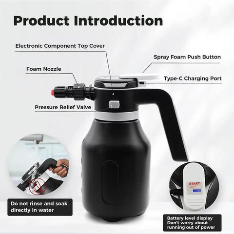 Vssoc 2L Cordless Electric Foam Sprayer For Car Wash showing spray foam button, foam nozzle and battery level display.