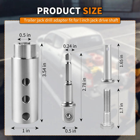 Heavy Duty Trailer Jack Drill Adapter For One Inch Square Drive Shafts dimensions with mounting kit sizes displayed