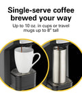 Commercial Single Serve Coffee Maker For Hospitality That Brews Up To 10 Oz With Easy View Water Window And K Cup Compatibility For Break Rooms And Offices, shown brewing into a cup and travel mug.