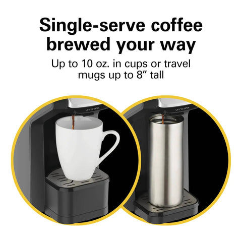 Commercial Single Serve Coffee Maker For Hospitality That Brews Up To 10 Oz With Easy View Water Window And K Cup Compatibility For Break Rooms And Offices, shown brewing into a cup and travel mug.