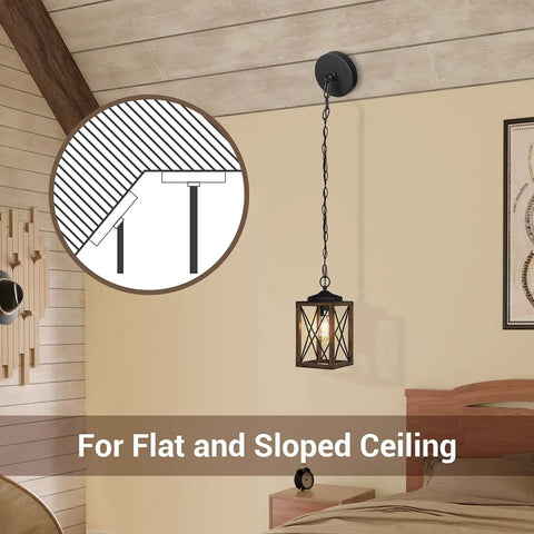 Cozy Farmhouse Pendant Light Metal Hanging Light Fixture With Wooden Grain Finish hanging on sloped ceiling with diagram inset