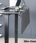 Side view of 60 Inch Clamp-On Privacy Desk Skirt With Cable Management Sleeve And Wire Hider Kit attached to black desk.