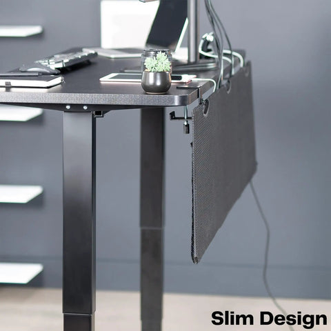 Side view of 60 Inch Clamp-On Privacy Desk Skirt With Cable Management Sleeve And Wire Hider Kit attached to black desk.