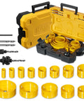 KATA 19-piece bi-metal hole saw kit in yellow case with 3/4–4-3/4 in blades, mandrels and drill bits, front view