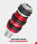 Heavy Duty Five In One Universal Safety Exhaust Quick Connect Industrial Coupler For Fast Air Venting And Reliable Auto Disconnect On Quarter And Eighth Pipe Lines Shop Approved Tool That Grips Tight And Stays Put Pack Of Fifty, featuring red and silver design.