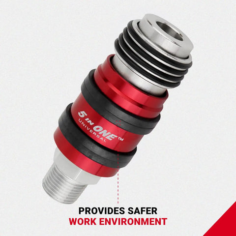 Heavy Duty Five In One Universal Safety Exhaust Quick Connect Industrial Coupler For Fast Air Venting And Reliable Auto Disconnect On Quarter And Eighth Pipe Lines Shop Approved Tool That Grips Tight And Stays Put Pack Of Fifty, featuring red and silver design.
