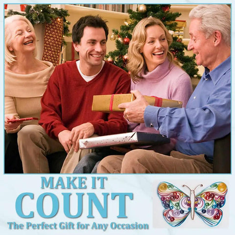 Family exchanging gifts next to Christmas tree with butterfly card art and text 'MAKE IT COUNT' below.