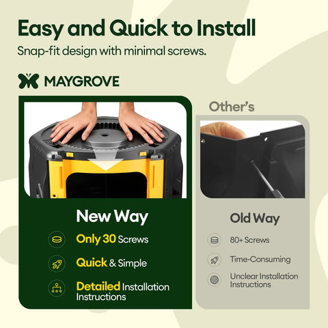 Outdoor Dual Chamber 53 Gallon Compost Tumbler With 360 Degree Spin Sliding Doors showing easy snap-fit assembly with fewer screws.