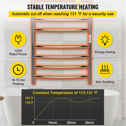 8 Bar Curved Heated Towel Rack With Super Sleek Mirror Polished Stainless Steel Finish Built In Timer Wall Mounted Towel Warmer For Bathroom Plug In Or Hardwired UL Certified Silver in bathroom highlighting temperature features.