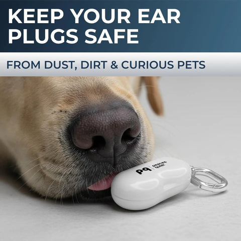 Dog sniffing a white carrying case for Small Ear Plugs For Sleep Ultra Soft Foam For Small Ears With 32 Decibel Noise Reduction