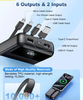 Heavy Duty Beast Mode Portable Charger Power Bank With Massive 50000 Mah Capacity And Four Built In Cables for various devices, showing six outputs and two inputs.